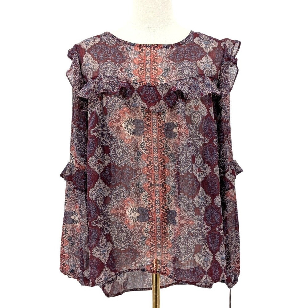 Knox‎ Rose Boho Paisley Ruffle Blouse Sheer Long Sleeve Flowy Top Size M NWT
